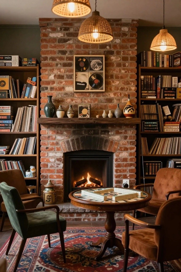 Cozy interior room with exposed brick walls around a lit fireplace, bookshelves filled with books and vinyl records, pottery on the mantel, round glass-top table with board game, green and rust armchairs, rattan pendant lights, and patterned rug.