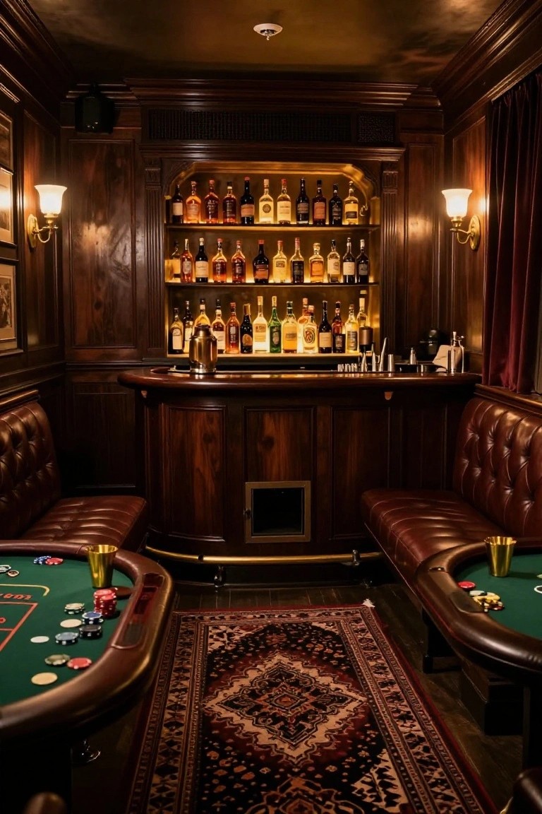 Dark wood-paneled basement room with curved wooden bar, backlit liquor bottle shelves, two green felt poker tables with gold cups and chips, tufted leather benches, and Persian rug on floor.