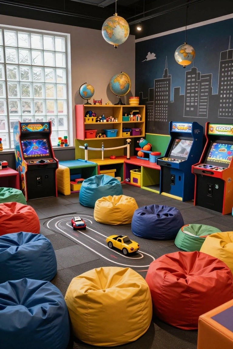 Colorful bean bag chairs in blue, yellow, red, and other shades arranged around a toy car track on the floor of a basement room with arcade machines, globes, shelves of toys, and a city skyline mural on the wall.