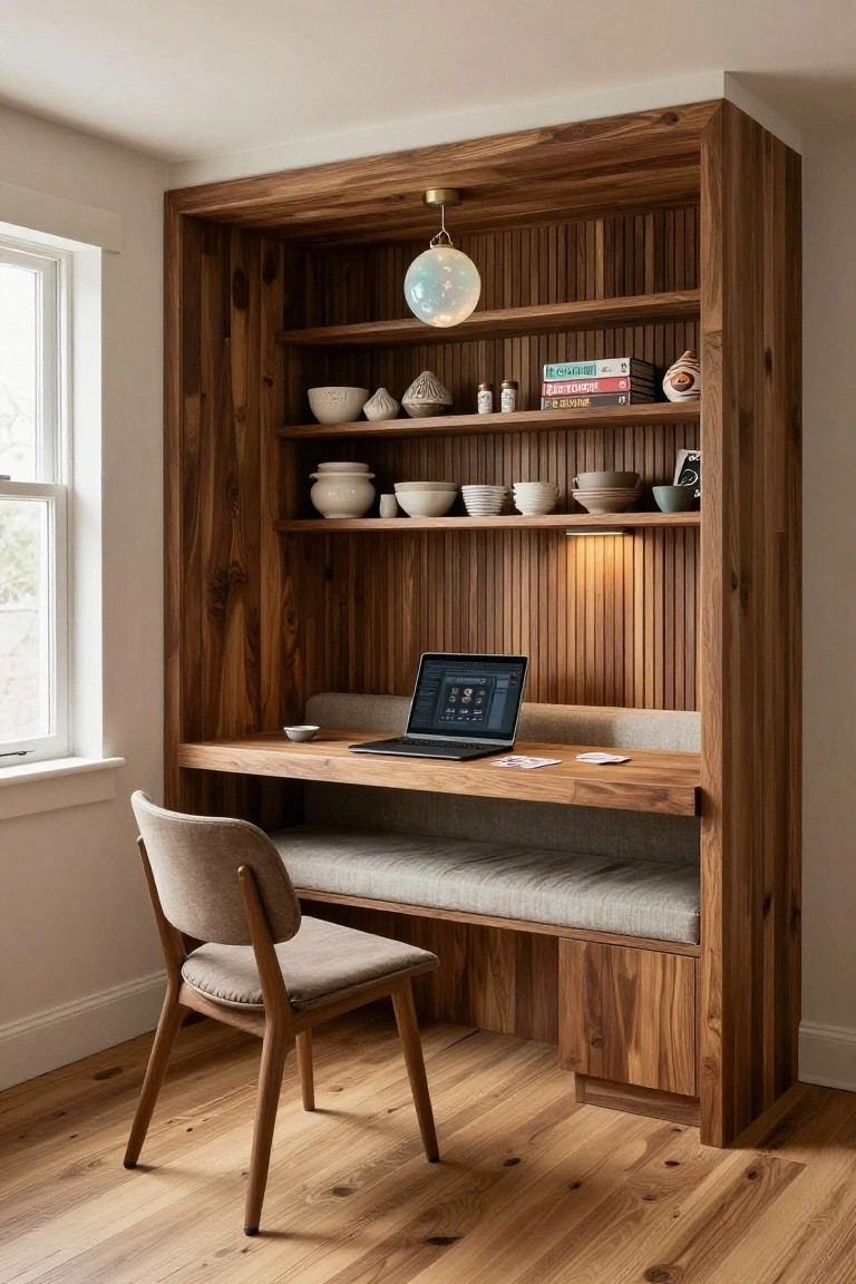 Tall wooden bookcase with integrated desk surface, cushioned bench seat, open shelves holding ceramics and books, laptop on desk, beige chair, and window in a white-walled room with wood flooring.