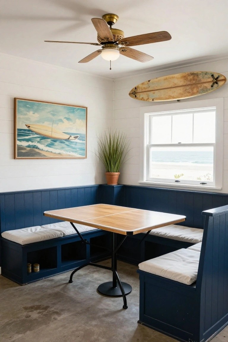 Corner booth seating area with navy blue paneled benches and white cushions around a light wood table on black metal legs, surfboard on wall, ocean view window, potted plant, and wood-bladed ceiling fan in a white shiplap room.