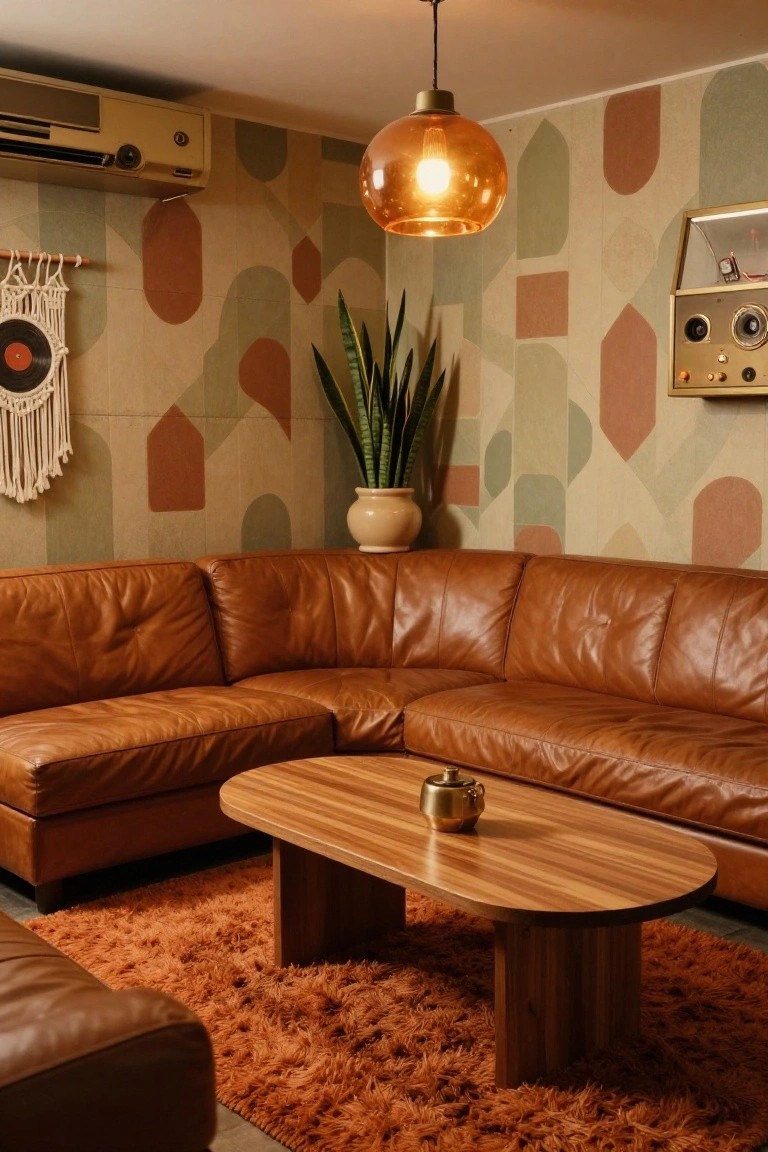 Retro-styled interior room with tan L-shaped leather sofa, oval wooden coffee table, orange shag rug, geometric green and rust patterned walls, potted snake plant, macrame wall hanging, brass teapot, and hanging orange glass lamp.