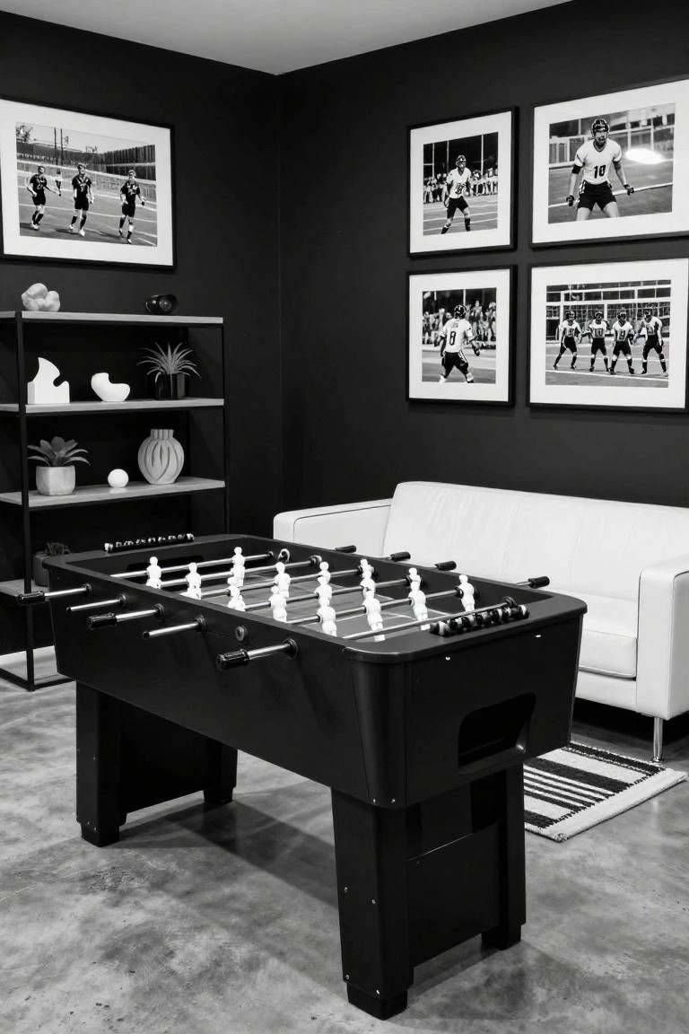 Black and white photo of a basement game room with a black foosball table in the center, white leather sofa to the side, black metal shelves holding plants and ceramics, and dark walls displaying framed black and white sports team photographs.