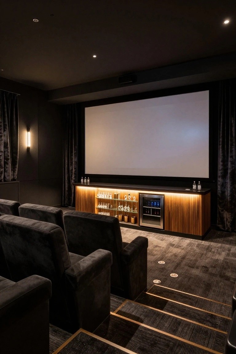 Dark interior home theater room with tiered black velvet seats facing a large white projection screen flanked by black velvet curtains, wooden bar cabinet with LED underlighting, wine cooler, and displayed glassware behind the seats.