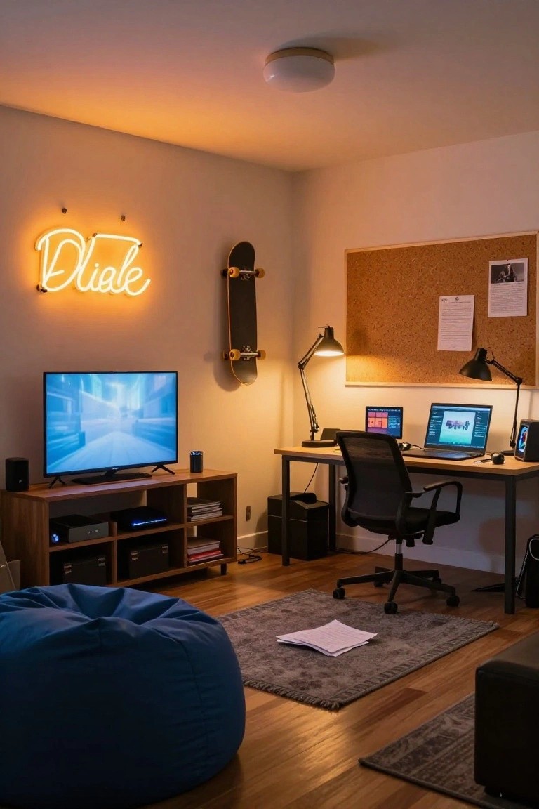 Cozy indoor room with orange neon "Dude" sign and black skateboard on beige wall, TV on wood stand playing blue-tinted video game, wooden desk with laptop multiple monitors desk lamps corkboard blue bean bag chair wood floor gray rug and black office chair.