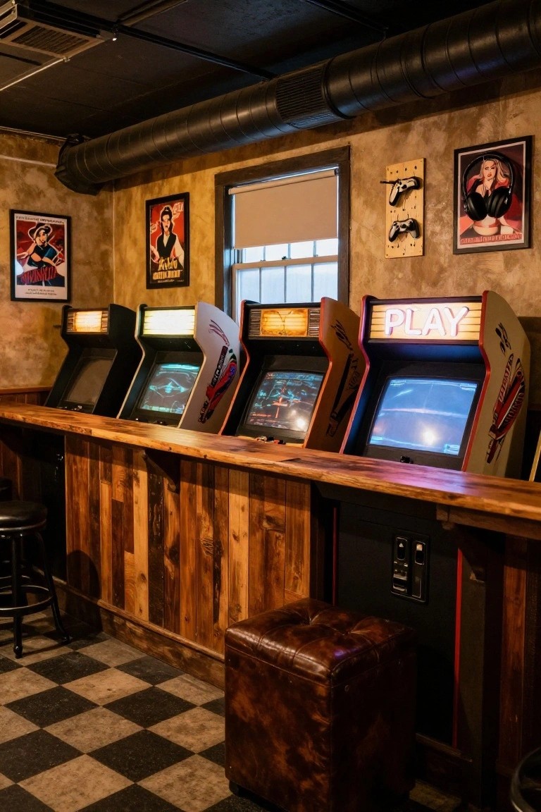 Basement game room with four arcade machines aligned along a wooden bar counter, retro posters on beige walls, exposed ducts on ceiling, and black-and-white checkered floor.