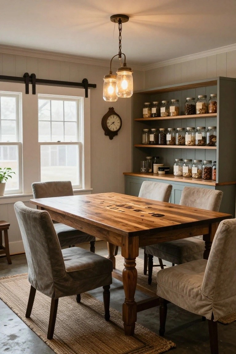 A dining room with a large rectangular rustic wooden table, gray slipcovered chairs, open teal shelving stocked with glass jars, mason jar pendant lights, and double windows.