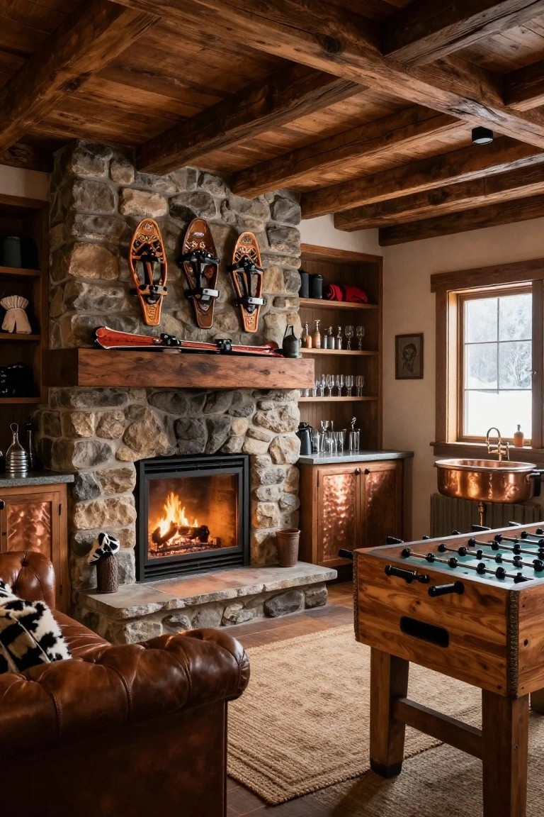 Rustic interior room with stone fireplace, wooden beams on ceiling, mounted snowshoes and skis on wall, foosball table, leather armchair, copper bathtub sink, and window showing snowy view.