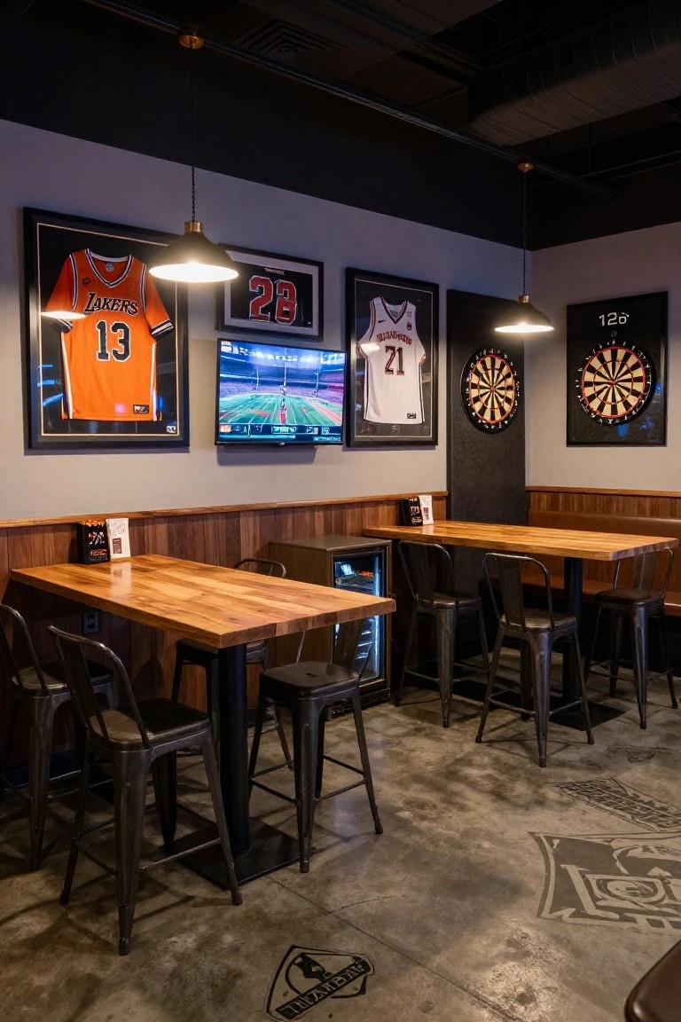 Basement game room with framed sports jerseys on a gray wall, two dartboards, a wall-mounted TV showing a football game, wooden communal tables with metal stools, a mini-fridge, and a patterned concrete floor.
