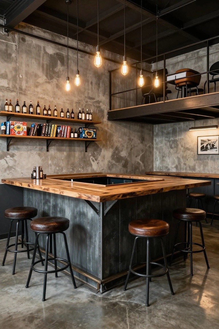 Industrial-style basement bar with wooden slab countertop on black metal base, surrounded by leather stools, shelves holding liquor bottles and board games, exposed brick walls, and hanging bulb lights.