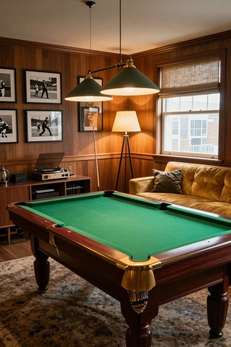 Wood-paneled basement room with a wooden pool table at center, yellow velvet sofa, record player on cabinet, floor and pendant lamps, and black-and-white photos on walls.
