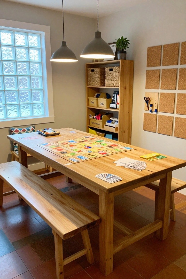 Cozy indoor room with a large rectangular wooden table and benches, a multicolored board game spread out on the table, wooden shelves stocked with baskets, and walls with corkboard panels.