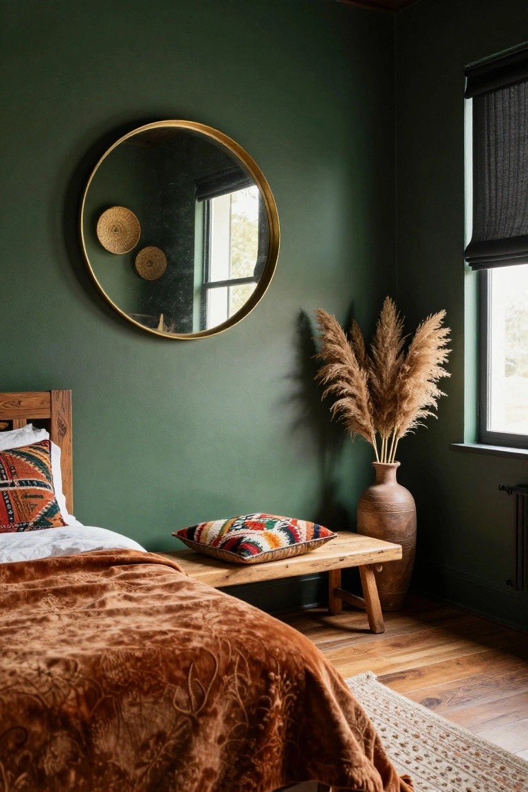 Bedroom corner with deep green walls, wooden bed draped in rust-colored blanket and patterned pillows, large gold round mirror with woven baskets nearby, tall pampas grass in terracotta vase next to wooden bench holding colorful pillow, black window shade, and hardwood floor with woven rug.
