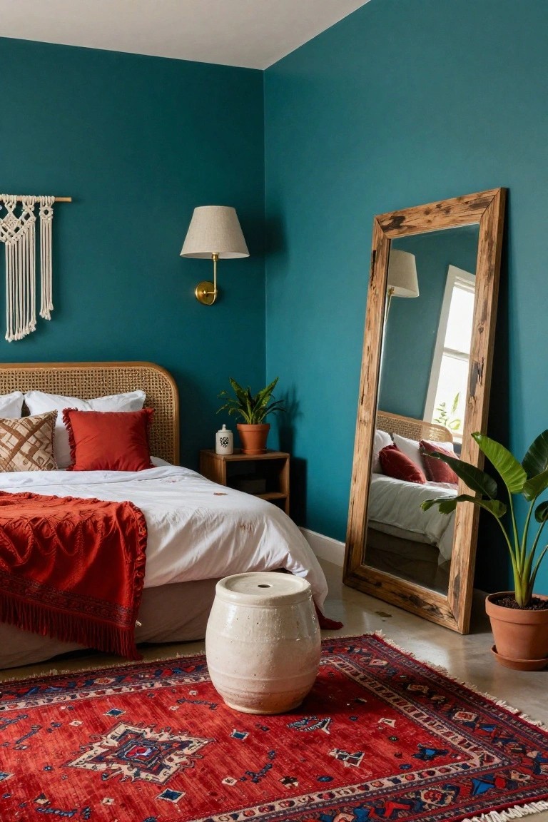 Boho bedroom with teal walls, rattan headboard bed draped in white sheets and red-orange throw, large leaning wood-framed mirror, potted plants, nightstand, macrame wall hanging, wall lamp, white stool, and red patterned rug on wood floor.