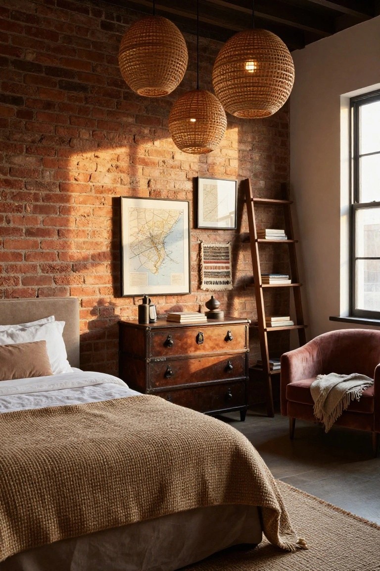 Bedroom with exposed red brick walls, multiple woven rattan sphere pendant lights hanging from the ceiling, wooden ladder shelf holding books and art, antique wooden dresser, upholstered bed with white sheets beige knit blanket, pink velvet armchair with throw, and seagrass rug on concrete floor.