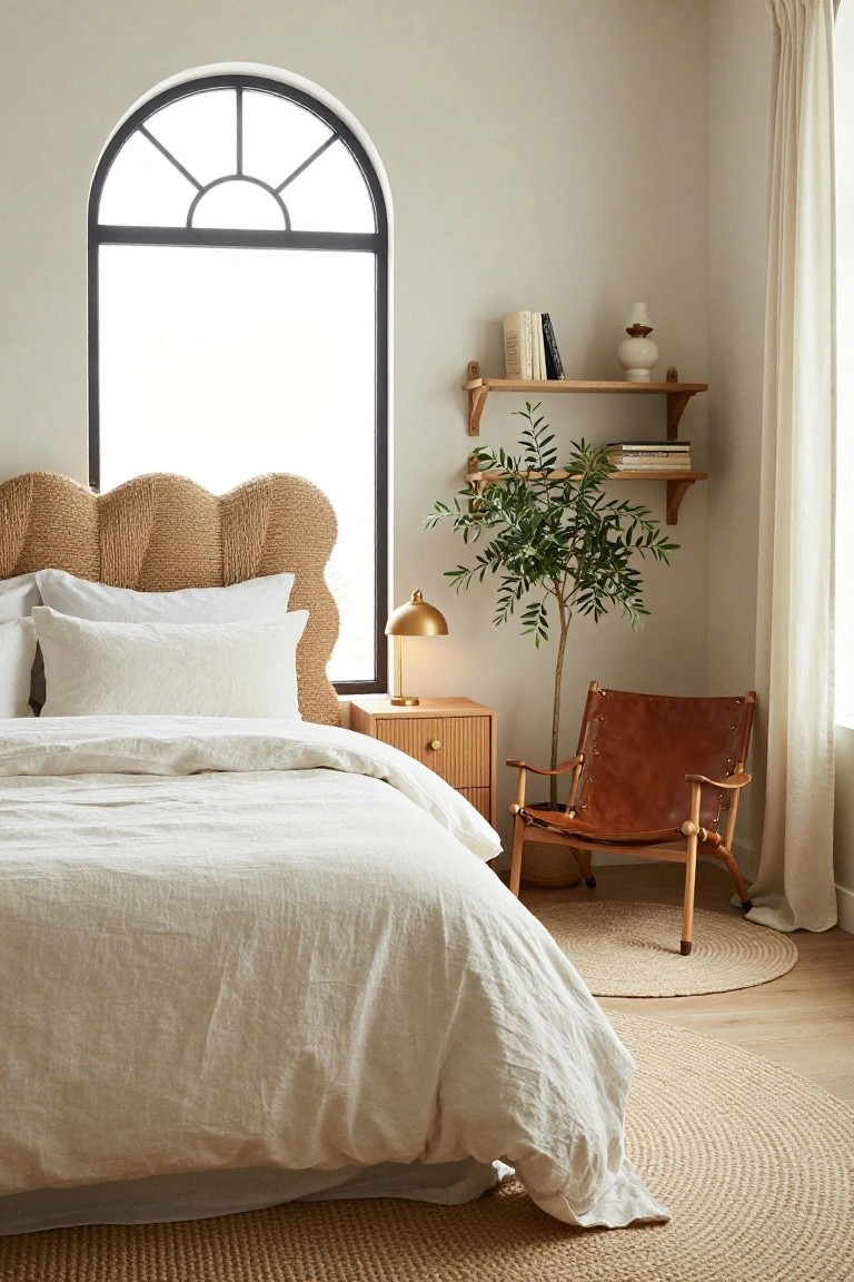 Bedroom interior with arched black-framed window, beige scalloped rattan headboard on bed with white linen bedding and pillows, wooden nightstand with brass lamp, floating wooden shelves holding books plant and vase, tan leather armchair, and round seagrass rugs on light wood floor.