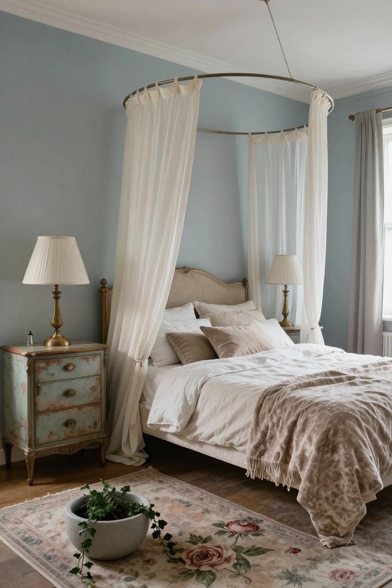 Bedroom with pale blue walls, a bed under a sheer white canopy from a brass hoop ceiling frame, flanked by distressed turquoise nightstands with brass lamps, a beige floral rug, and a gray pot of ivy plant on the floor.