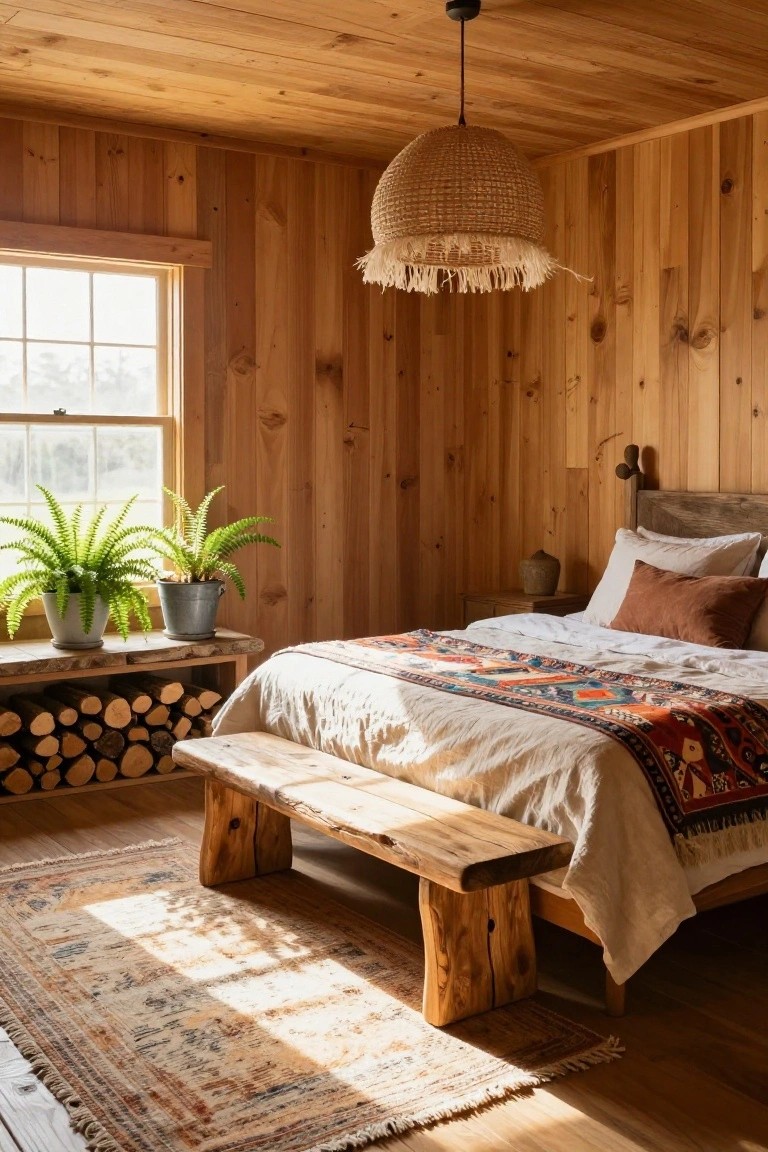 Bedroom with light wood paneling on walls and ceiling, wooden bed draped in white linens and colorful patterned throw, two potted ferns on a wood shelf with firewood stack below, rattan pendant lamp, and woven rug on wood floor.