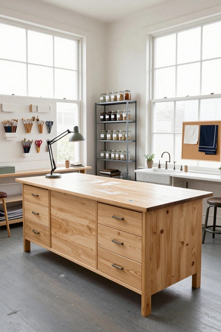 Bright workspace featuring a wooden table, shelves of jars, and artistic tools.
