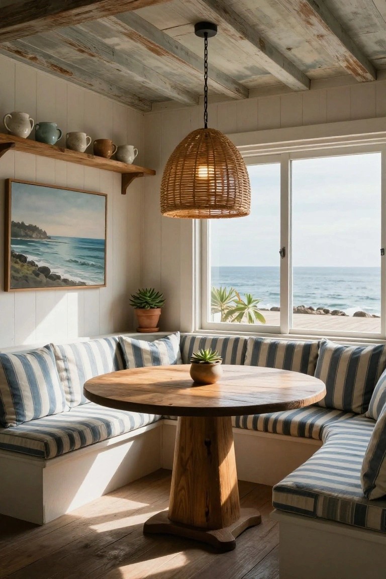 Cozy interior corner with L-shaped built-in benches covered in blue-and-white striped cushions surrounding a round wooden table, rattan pendant light overhead, shelves holding pottery, potted plants, and large windows showing ocean view.
