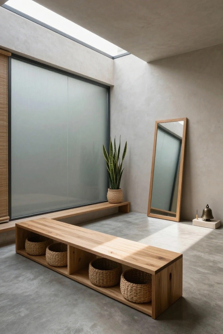 Minimalist interior corner with an L-shaped oak bench featuring open cubbies filled with rattan baskets, a tall freestanding wooden mirror, potted snake plant in basket, small incense holder and bell on floor, large frosted glass window with bamboo blind, and skylight overhead.