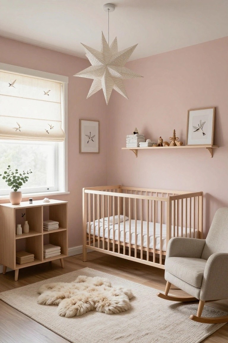 Pale pink nursery room with wooden crib, beige rocking chair, floating oak shelf holding toys and linens, low wooden storage unit, eucalyptus plant in terracotta pot, and white paper starburst pendant light.