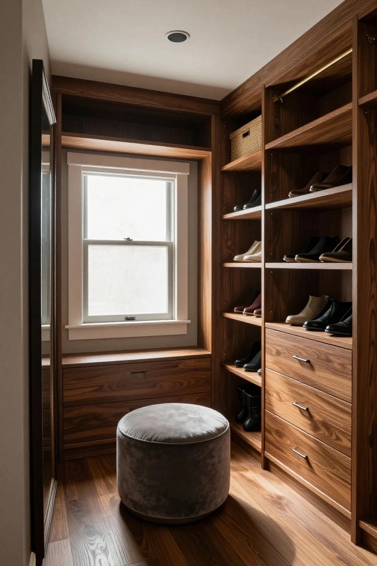 Walk-in closet with walnut wood cabinets featuring open shelves displaying various shoes and boots, drawers, a window bench, hanging rods, a woven basket, and a gray pouf stool on hardwood floors.