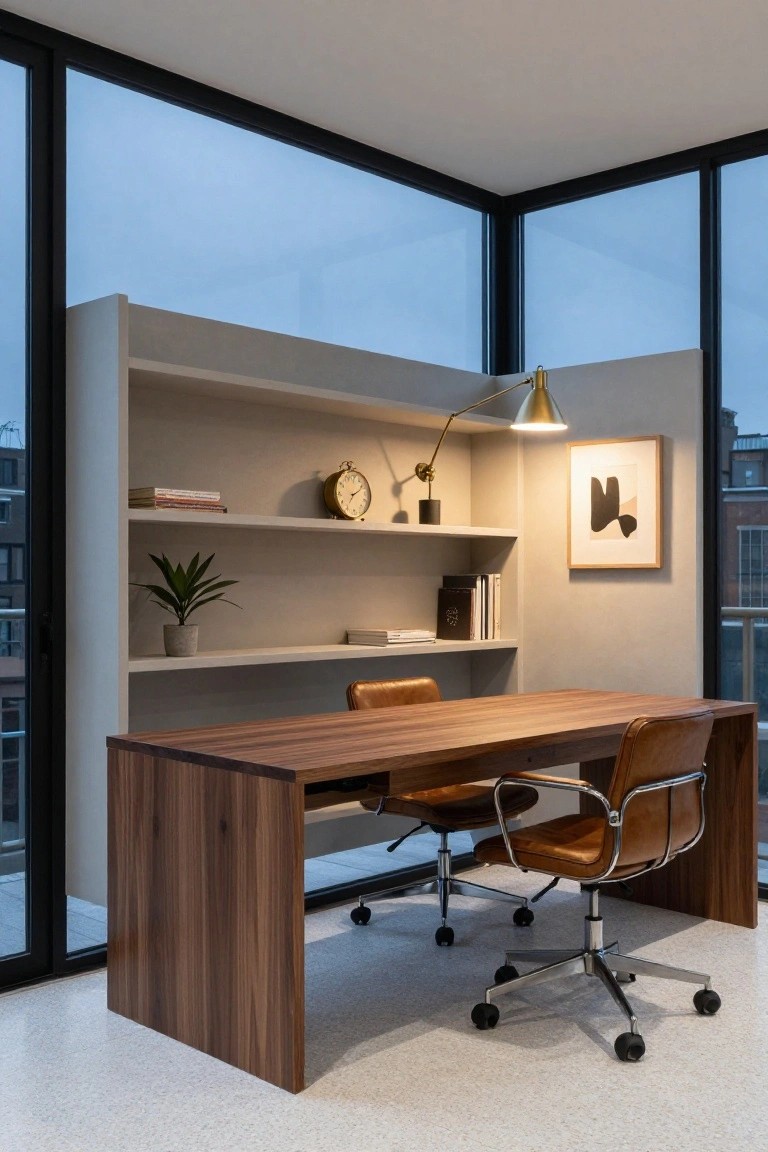 Modern corner office with floor-to-ceiling glass walls, large walnut desk, two tan leather swivel chairs, beige built-in shelves with books, plant, clock and abstract artwork, overlooking urban view on polished floor.