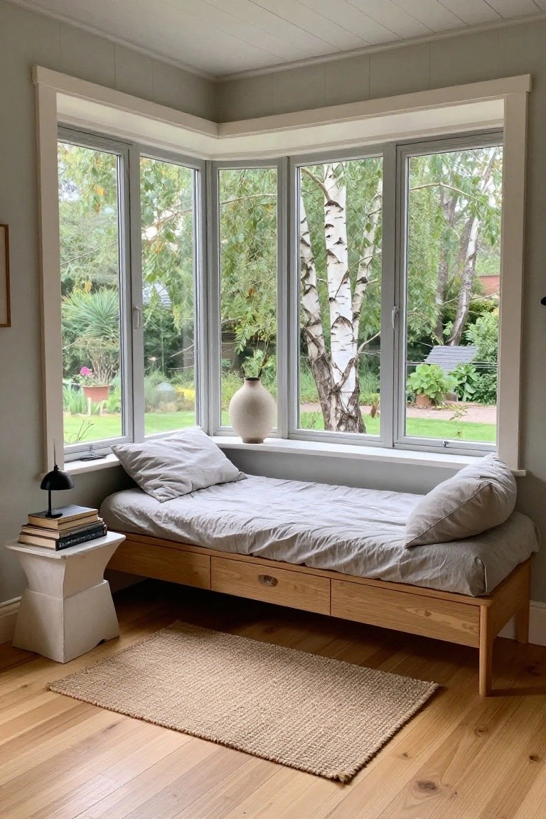 Corner indoor nook with a low wooden daybed built under three large windows overlooking birch trees and a garden, gray pillows and linens on the bed, books and lamp on a side table, beige rug on light wood floor.