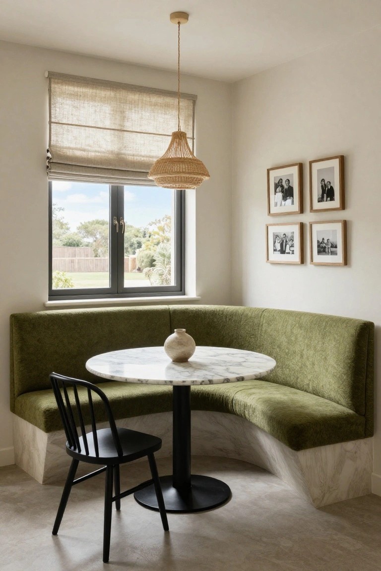 Corner indoor nook with curved green velvet built-in banquette around a round white marble table, black wood chair, rattan pendant lamp overhead, beige roman shade on window showing garden view, and four black-and-white photos on wall.