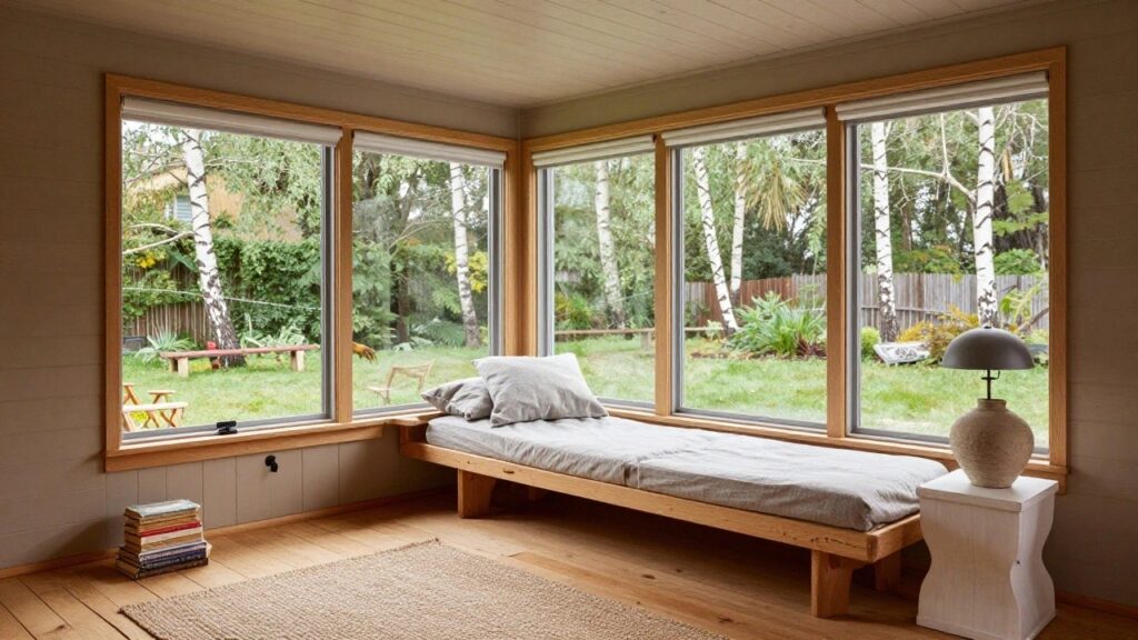 22 Inspiring Enclosed Porch Conversions That Feel Completely New Corner indoor nook with a low wooden daybed built under three large windows overlooking birch trees and a garden, gray pillows and linens on the bed, books and lamp on a side table, beige rug on light wood floor.