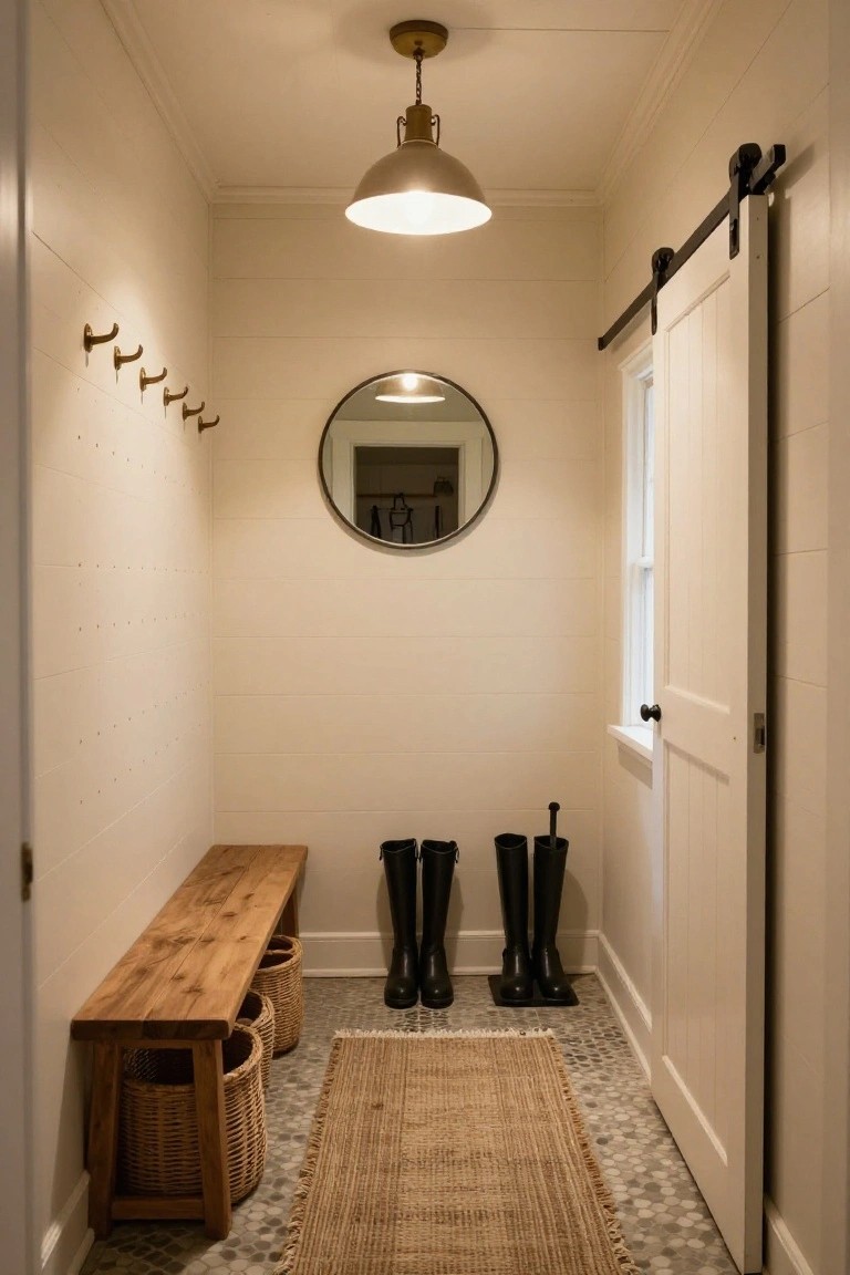 Narrow white shiplap-walled mudroom with wooden bench and three wicker baskets underneath, pairs of black rain boots on a black mat, brass wall hooks, round black-framed mirror, white paneled sliding barn door, jute runner on pebble tile floor, and brass ceiling pendant light.