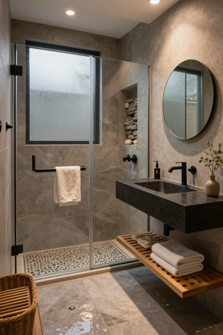 Modern bathroom with gray tiled walls, glass shower enclosure featuring pebble flooring and rock niche, floating black stone sink, round mirror, black fixtures, wood shelf with towels, and wicker basket on the floor.