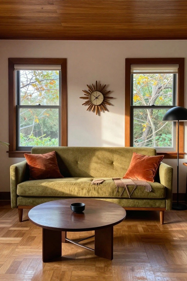 Sunlit interior with green tufted velvet sofa accented by orange pillows and throw, low round wooden coffee table holding a black bowl, large double-hung windows showing trees outside, wood-paneled ceiling and parquet floor, black arched floor lamp, and wooden sunburst wall clock.