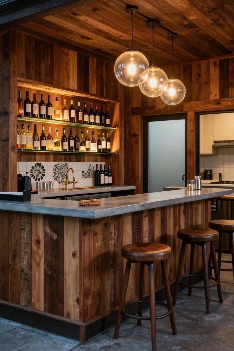 Wood-paneled bar area in an enclosed porch with backlit wine racks on shelves, concrete countertop, brass faucet, pendant globe lights, and wooden bar stools.