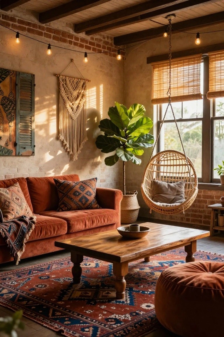 Rust-colored velvet sofa with patterned pillows and throw on a woven rug next to a wooden coffee table in a brick-walled room with exposed beams, rattan hanging swing chair, fiddle leaf fig plant, macrame wall hanging, and warm string lights.