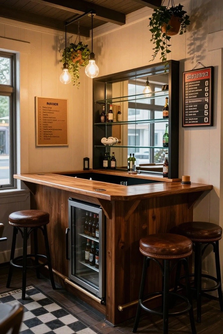 Wooden home bar with integrated glass-door refrigerator, leather bar stools, pendant lights with hanging plants, mirrored backsplash with bottle shelves, and a menu board on shiplap wall.