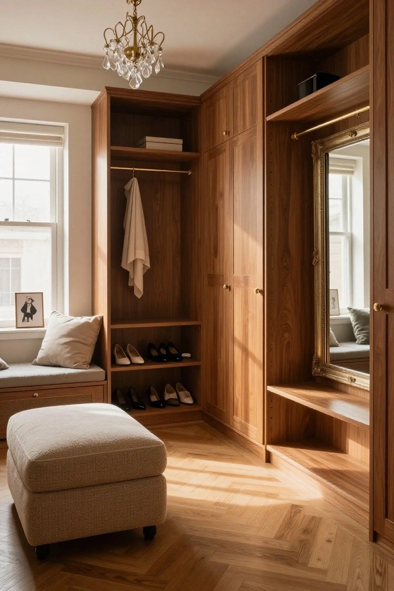 Wooden walk-in closet with floor-to-ceiling cabinetry, hanging rod with towel, shoe shelves, built-in bench with cushions, footstool, and large gilded mirror on one wall.