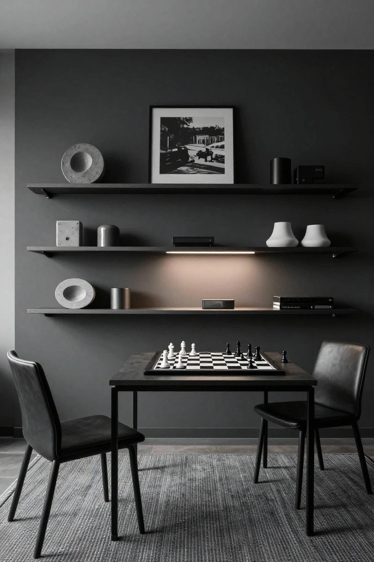 Dark gray floating shelves with concrete objects, vases, and electronics mounted on a wall above a black chessboard table flanked by two black leather chairs on a gray rug in a modern interior.