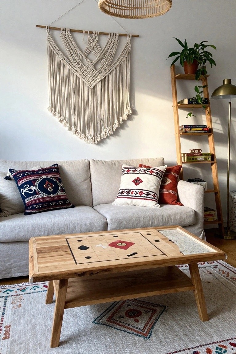 Cozy living room with beige linen sofa accented by ethnic patterned pillows, large white macrame wall hanging, wooden ladder shelf holding plants and books, brass arched floor lamp, and low wooden coffee table with inlaid game board pattern on a woven rug.