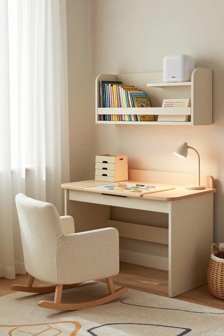 Light beige desk with wooden top and drawers in a neutral children's room, wall-mounted shelves with colorful children's books above, desk lamp lit, fabric chair, and rocking chair on patterned rug.