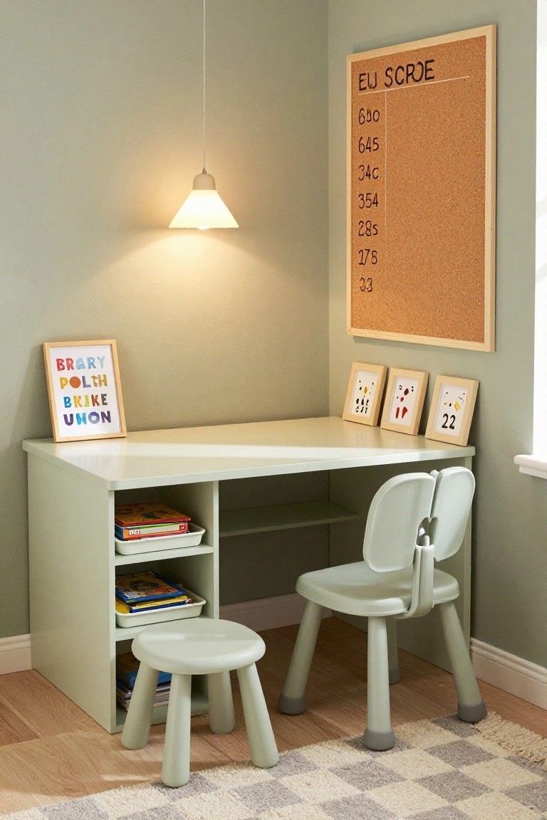 Mint green corner desk with open lower shelves holding children's books and plastic bins, paired with a matching chair and footstool, beside a corkboard labeled EU SCORE with numbers listed, in a light green room with a pendant lamp.