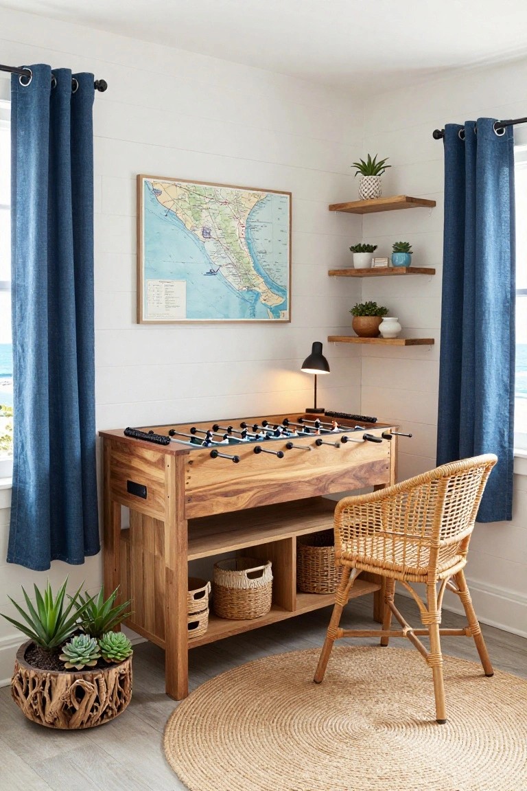 Corner indoor office with wooden foosball table as desk featuring shelves below, rattan chair, potted plants, floating shelves, map on wall, desk lamp, and blue curtains by window.