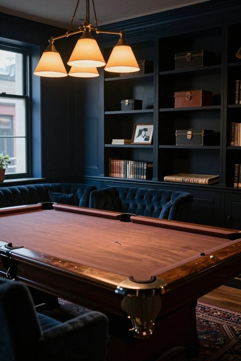 Dark navy paneled room with wooden pool table at center, blue velvet armchairs, tall bookshelves with books and leather boxes, pendant lights, and a potted plant by the window.