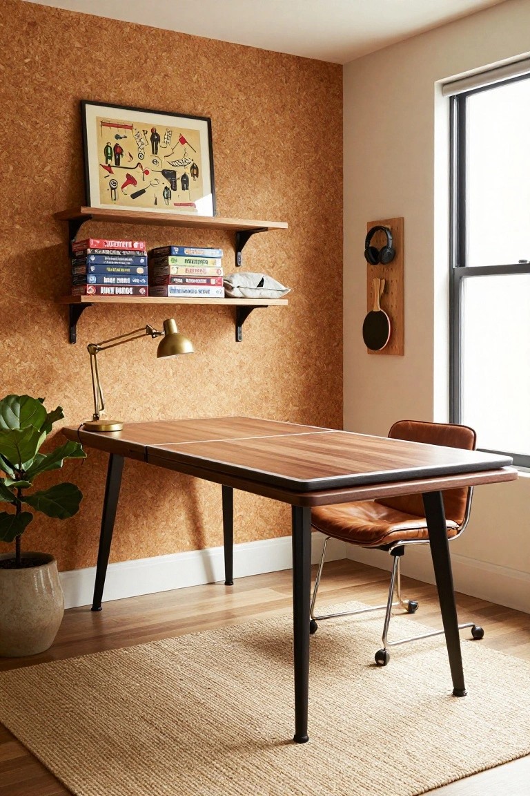 Home office featuring a wooden ping pong table used as a desk with net markings, brown leather chair, gold desk lamp, corkboard wall, floating shelves with books, potted plant, and ping pong paddle on a wall hook next to a window.