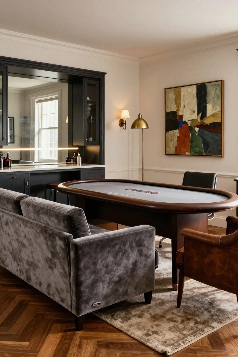 Interior of a sophisticated home room with a central dark wood poker table topped in green felt, gray velvet sofa, brown leather armchair, black bar cabinet with mirror and backlit shelves, abstract painting on white wall, brass lamps, and herringbone wood floor.
