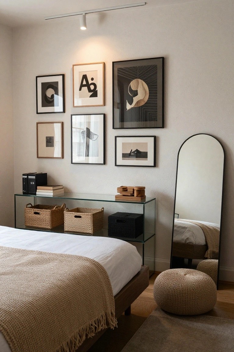 Minimalist bedroom corner with a gallery wall of assorted black-framed abstract black-and-white prints above a glass console table holding books, boxes, and woven baskets, beside an arched black mirror and a bed with white linens and beige throw.