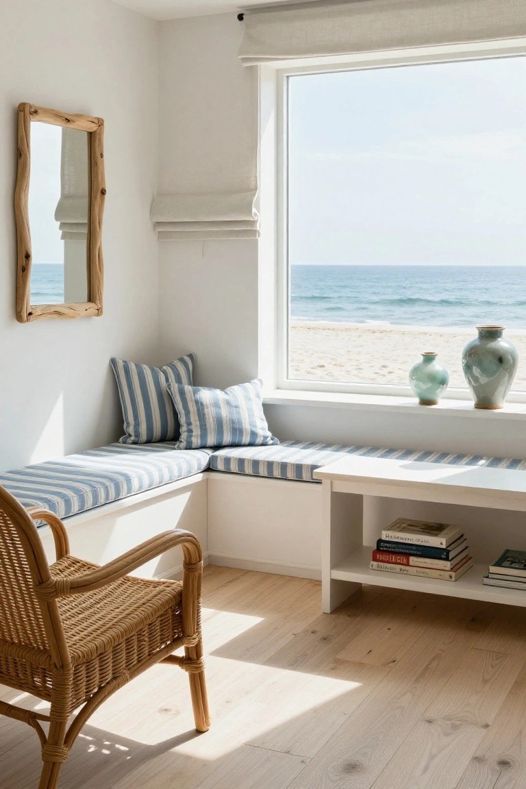 A light-colored room with a built-in corner bench under a large window overlooking the ocean and beach, blue-striped cushions on the bench, rattan armchair, driftwood-framed mirror on wall, ceramic vases on windowsill, and stacked books on bench shelf.