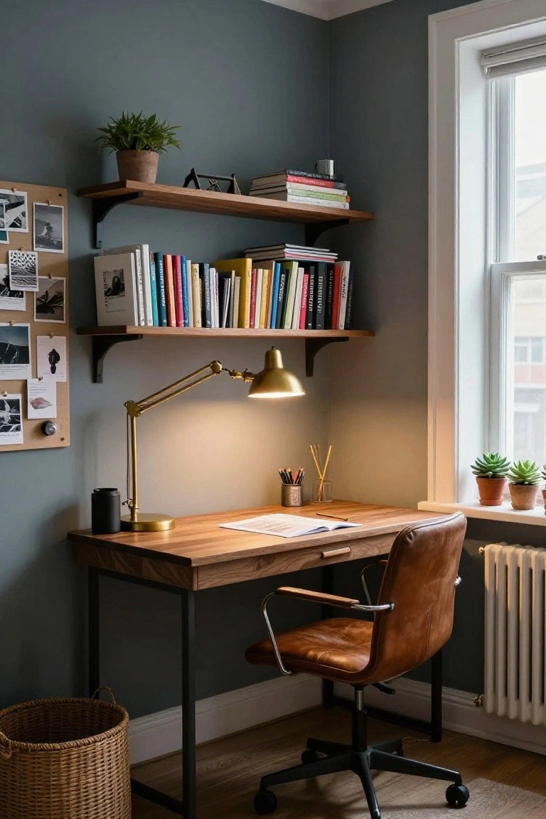 Corner home office setup featuring a wooden desk with open notebook, gold desk lamp, floating wooden shelves holding books and plants, brown leather desk chair, gray walls, window, and potted plants on sill.