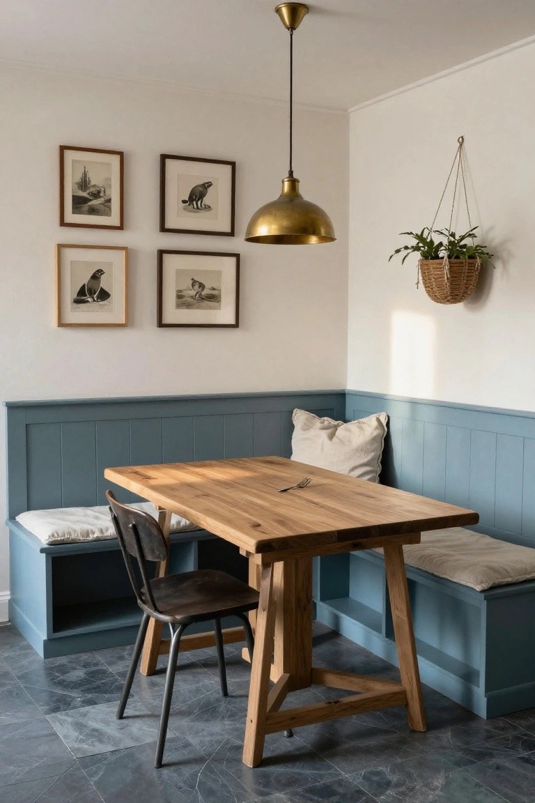 Corner banquette with blue paneled walls and cushions, wooden trestle table, wooden chair, gold pendant light, bird prints on walls, hanging plant basket, and gray marble-look floor tiles in a light-filled room.